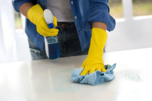 Team member following safe cleaning procedures during a carpet clean